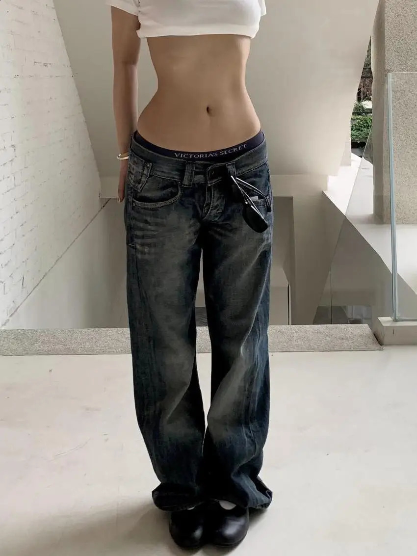 Autumn Womens Blue Y2k Baggy Jeans Harajuku Japanese 2000s Style Denim Trousers American Vintage Jean Pants Trashy Clothes 251210
