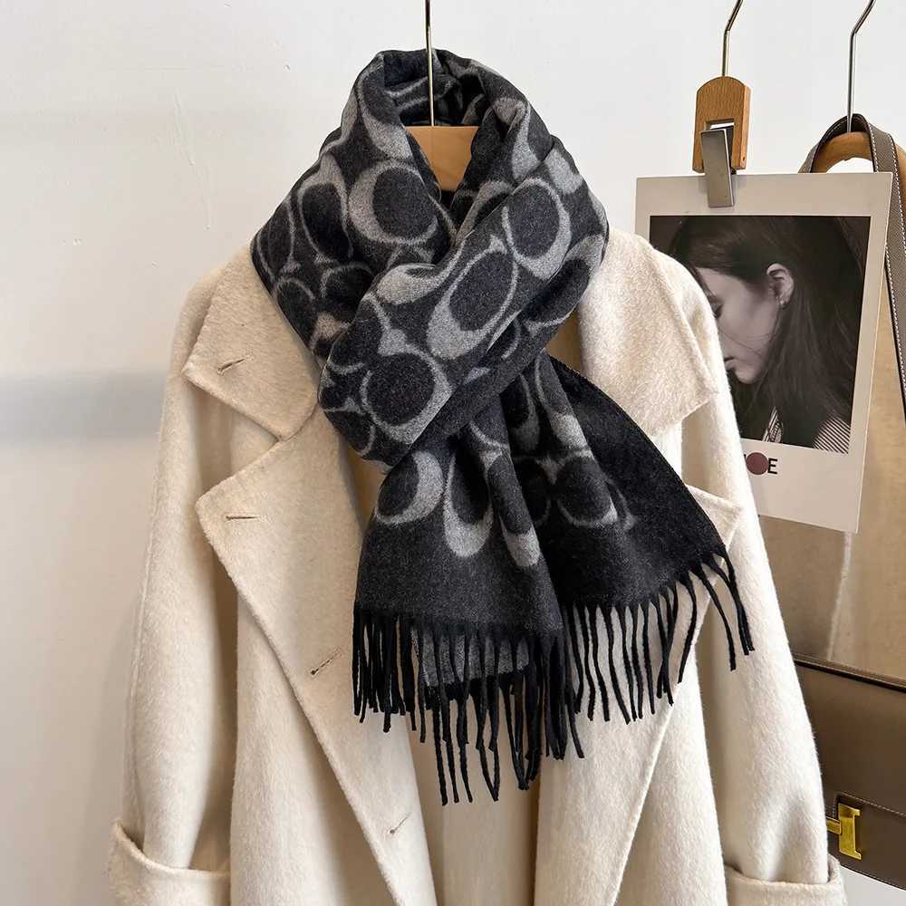 Elegant Letter Soft Wool Faux Cashmere Ski Hiking Scarf Women Winter Warm Long Shawl Cape Double Sides Neckerchief Y251211