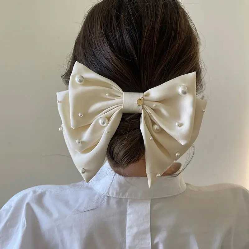 New Wen Girls Sweet Pearl Satin Bowknot Hair Clip Big Ribbon Bow Barrette Solid Color Scarf Hairpin Grip Ponytail Clip Y251210