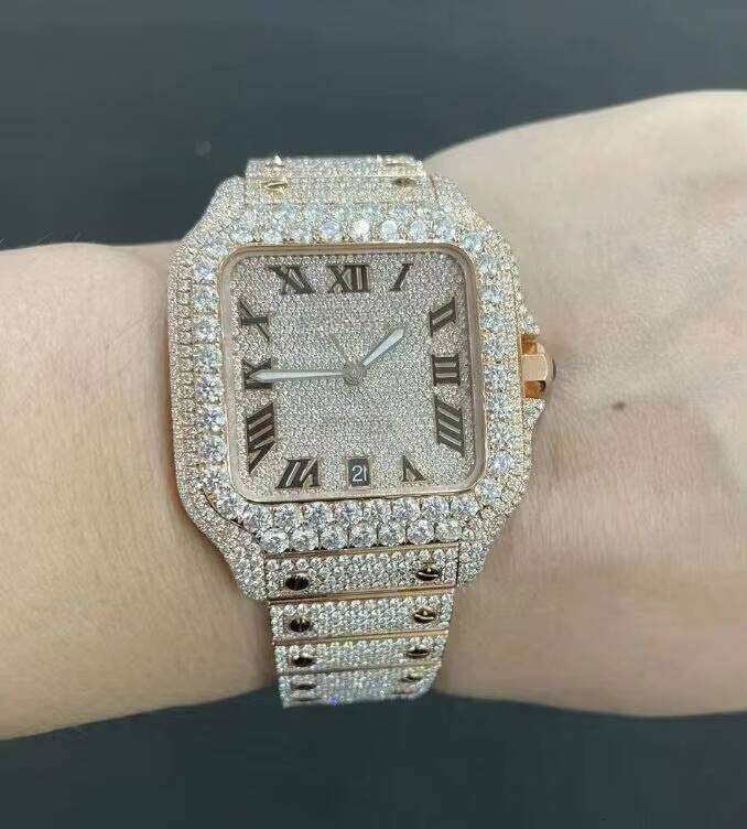 VVS Moissanite Two-Tone Rose Gold Radiance Arabic Diamond Watch Square Stainless Steel Case Automatic Movement Fully Iced Glass