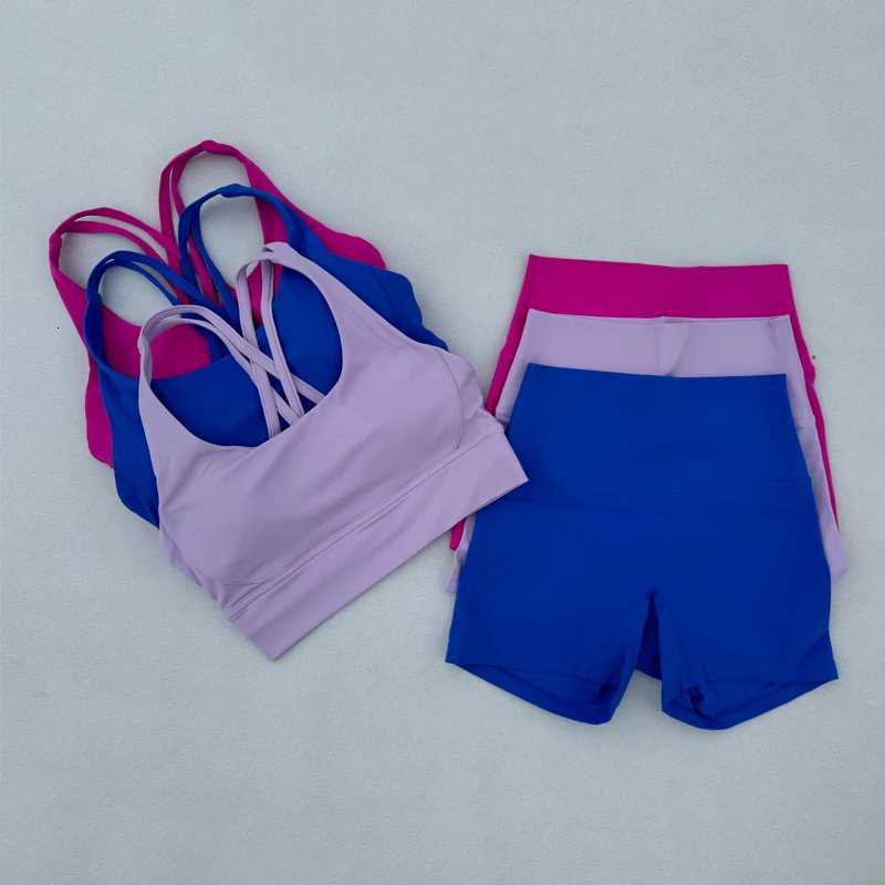 Yoga Clothes Set 2 Piece Gym Sports Shorts Set Women Cross Back Bra Top High Waist Shorts Fitness Suit Running Workout TracksuitT251211