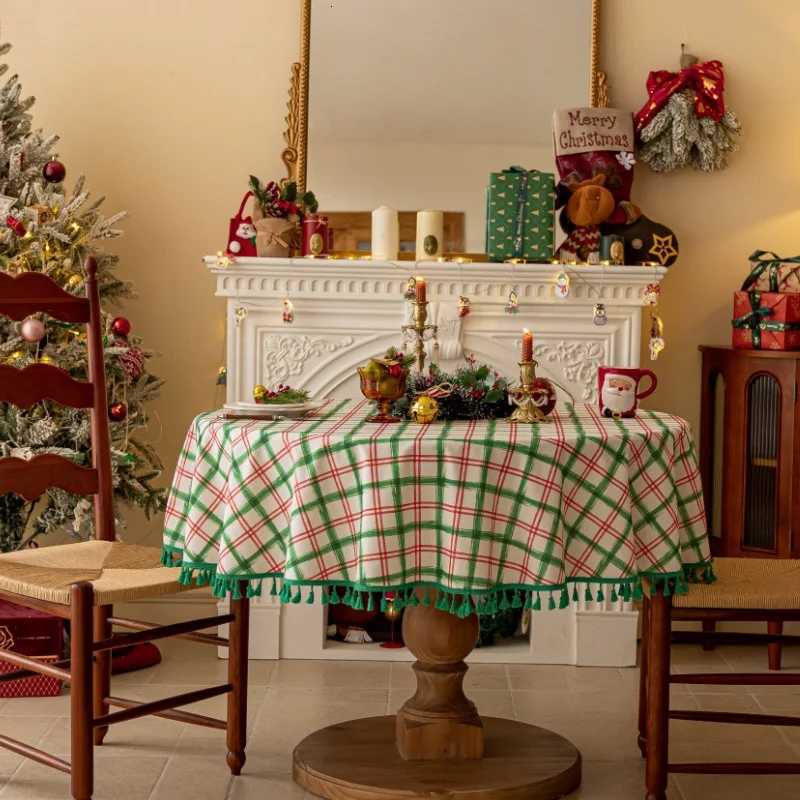 Round Plaid Christmas Tablecloth Washable Polyester Cotton Table Decorations Kitchen Picnic Dinning Weddings Tabletop Home Decor H251211