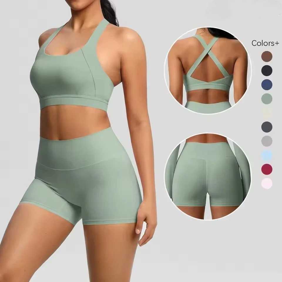 2Piece Women Yoga Clothes Crossover Back Sports Underwear Gym Sports Crop Tops Running Cycling Sports Gym Shorts Quick-DryingT251211