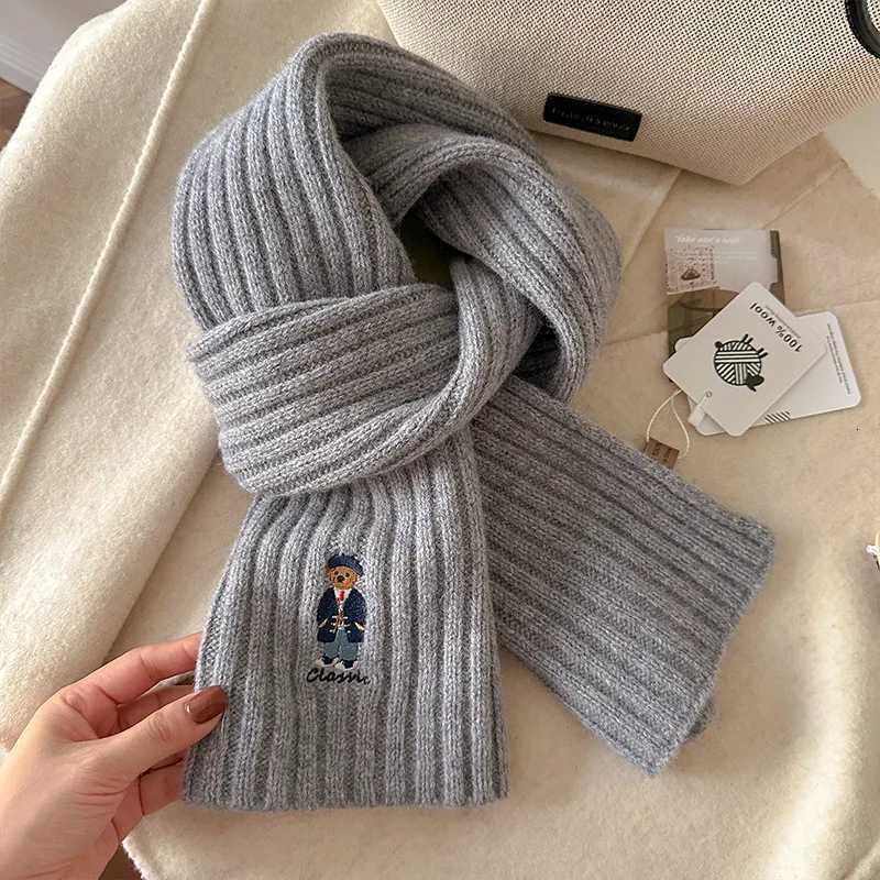 100 New Women Wool Scarf Cartoon Embroidered Bear Shawl Winter Warm Knitting Bandana Lady Wool Blanket Scarves Echarpe Y251211