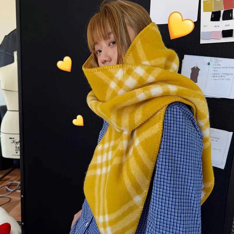 2025 New Yellow Plaid Scarf Women Autumn Winter Korean Style Warm Shawl Fashionable Neck Wrap Y251211
