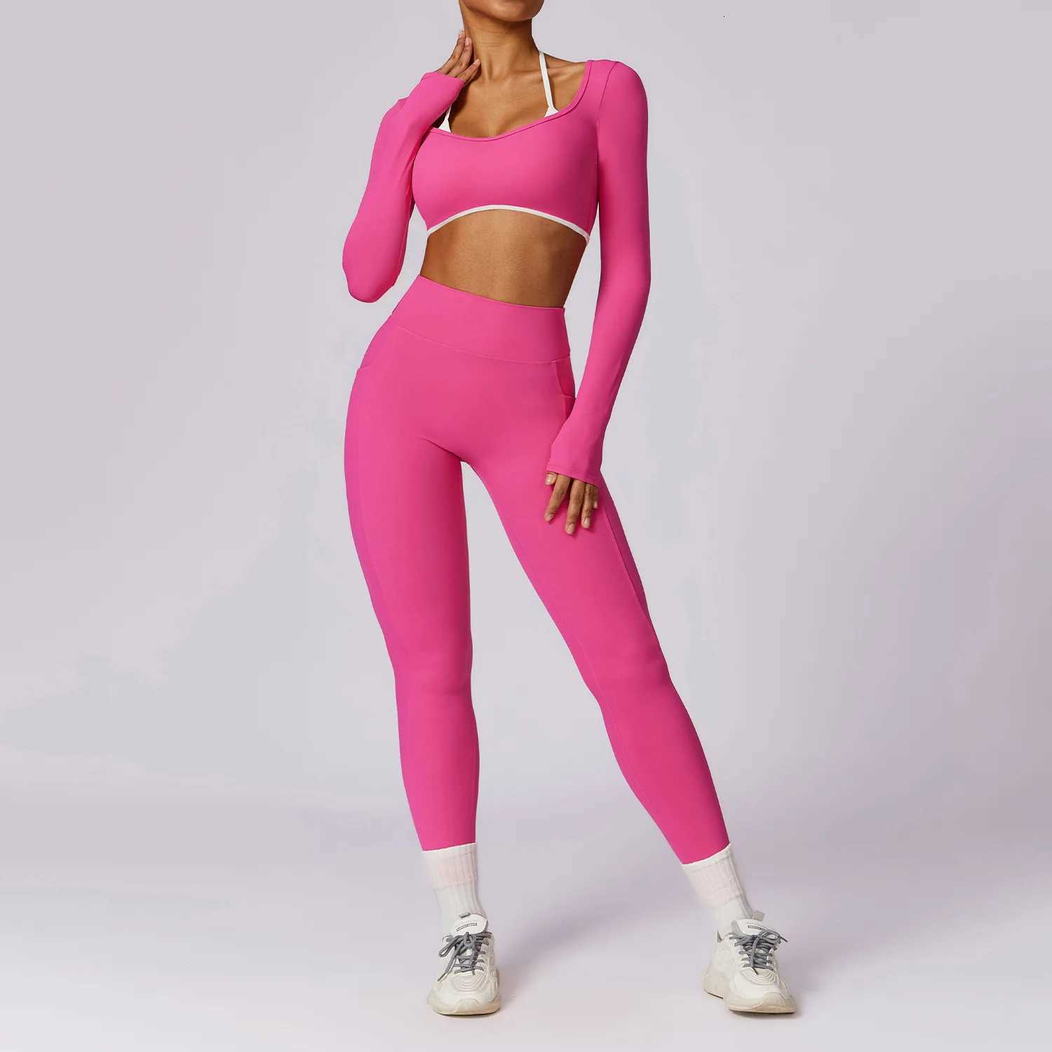 Sexy Yoga Womens 2 Pieces Gym Sports Suit Workout Clothing Long Sleeve Gym Crop Top High Waist Leggings Fitness Bra SportswearT251211