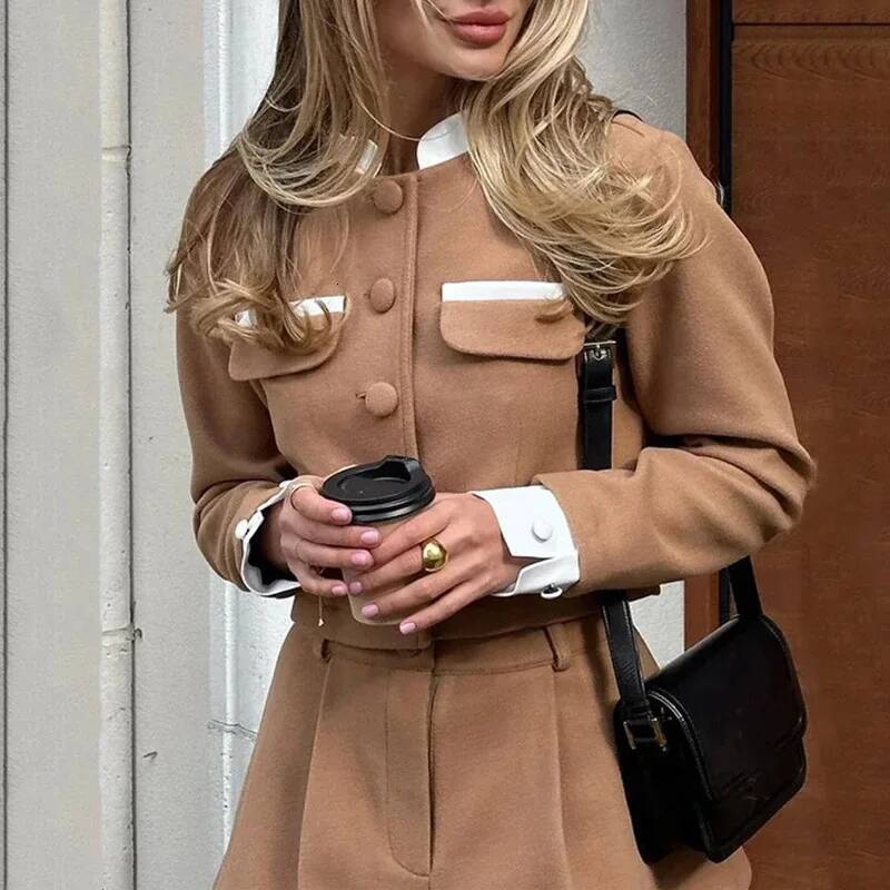 Tweed Skirt Two Piece Set Women Elegant Long Sleeve Single Breasted Jacket Woman Shorts 2 Suits Lady Outfits 2024 dongdumaoyi