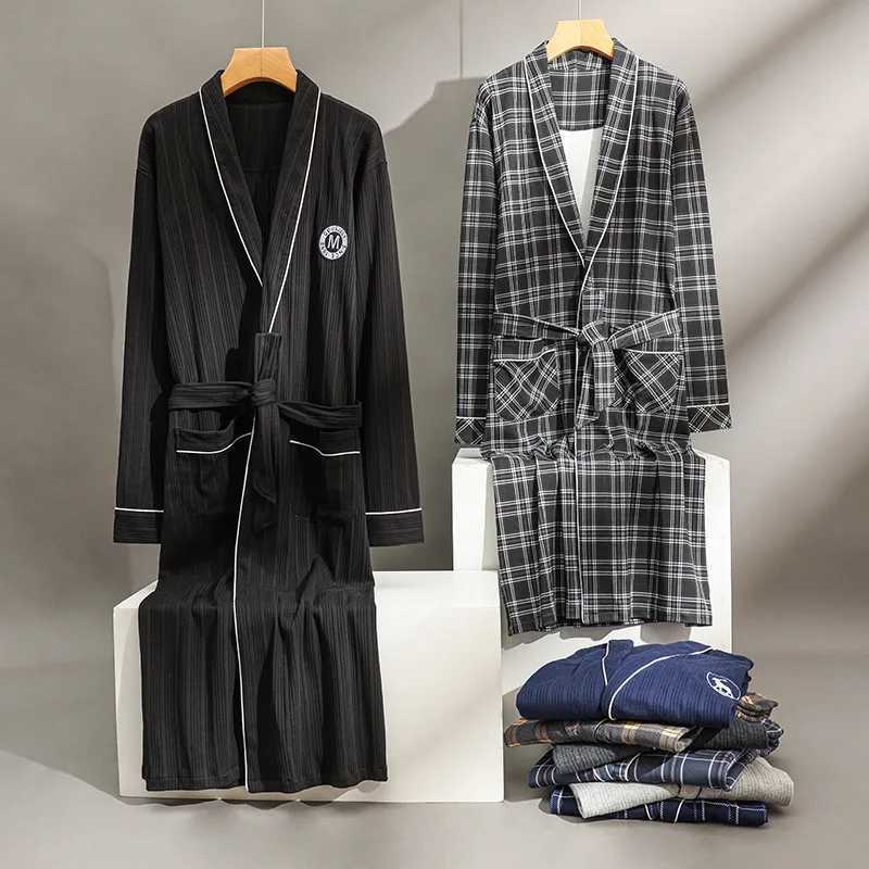 Spring Autumn Plaid Bathrobe Men Sleep Top Kimono Robes for Male Full Pure Cotton Long Bath Robe Bride Robe Dressing Gown M-4Xl L251211