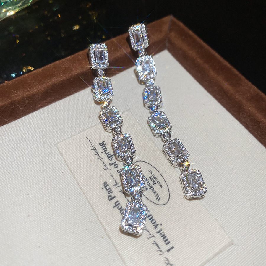 Silver Needle Zircon Square Tassel Minimalist Style Elegant Light Luxury High-end Design Sense Niche Earrings for Women - view 4