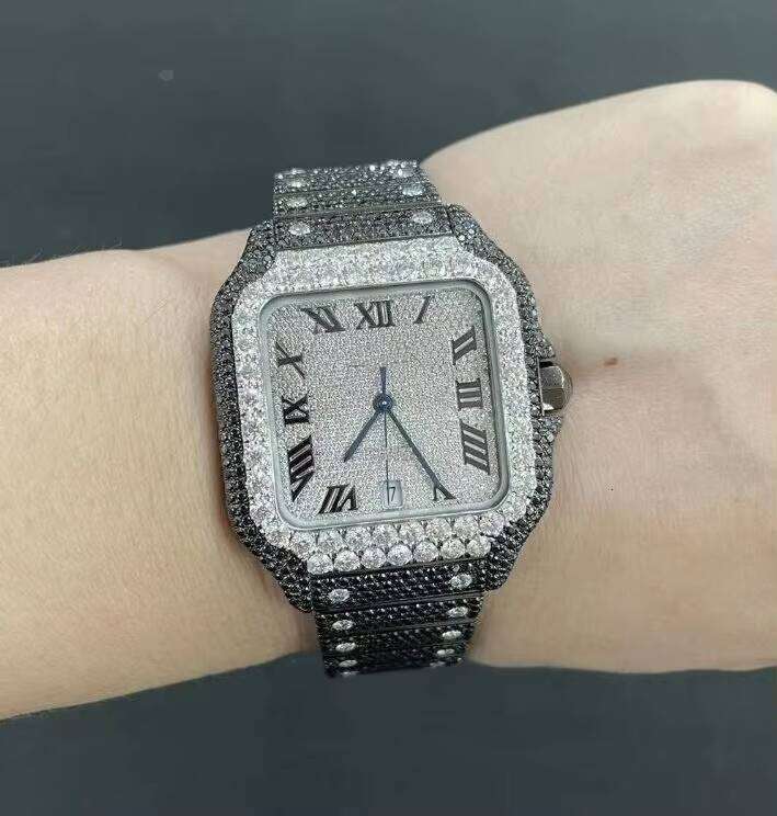 Luxury Iced out Mens Watch with Moissanite Brilliant Diamond Rectangle Steel Case Leather Band Hip Hop Collection Movement