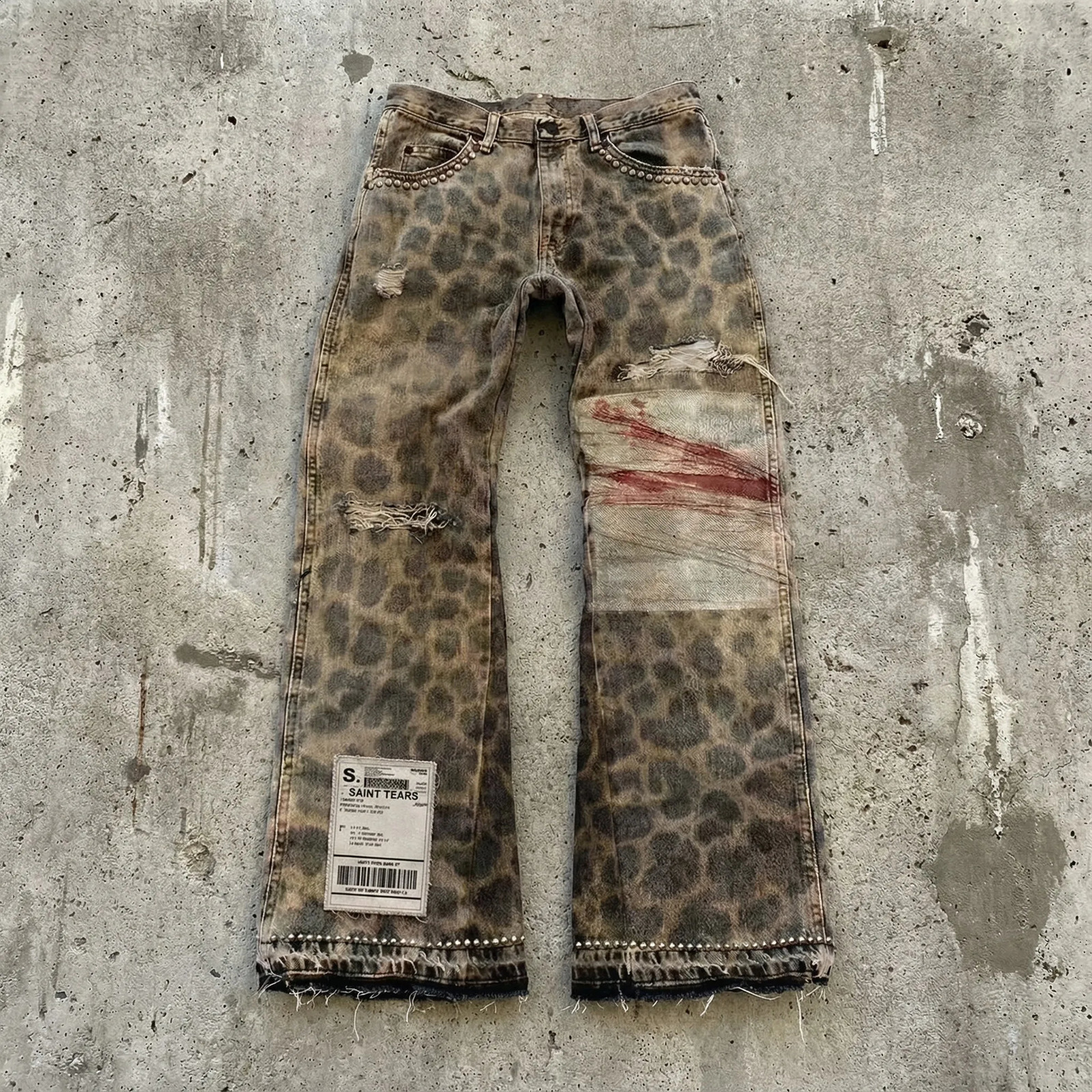 Distressed Leopard Print Jeans Mens Womens Y2K Ripped Holes Rivet Denim Pants Streetwear Casual Fashion Vintage Style Trendy 251210