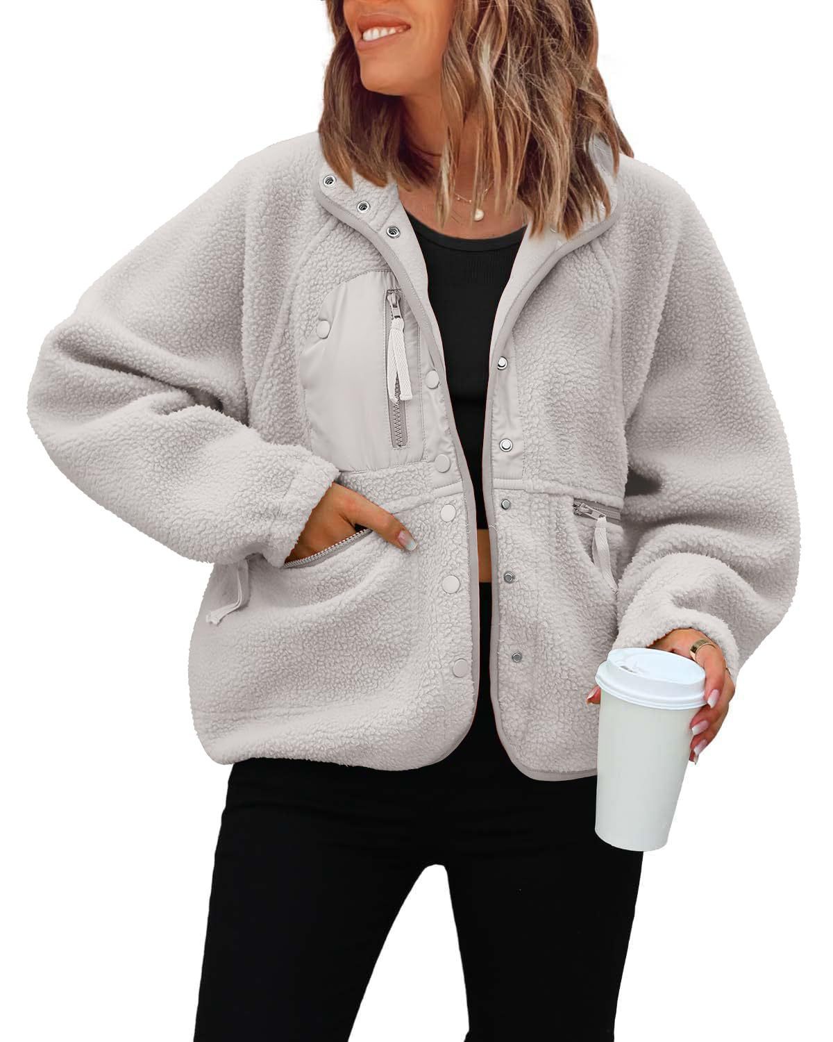 Women's Fuzzy Fleece Zipper Jacket Casual Fashion Long Sleeve Thick Slim Pocket Coats Outwear Versatile Solid Color Fit Lightweight Jacket Autumn