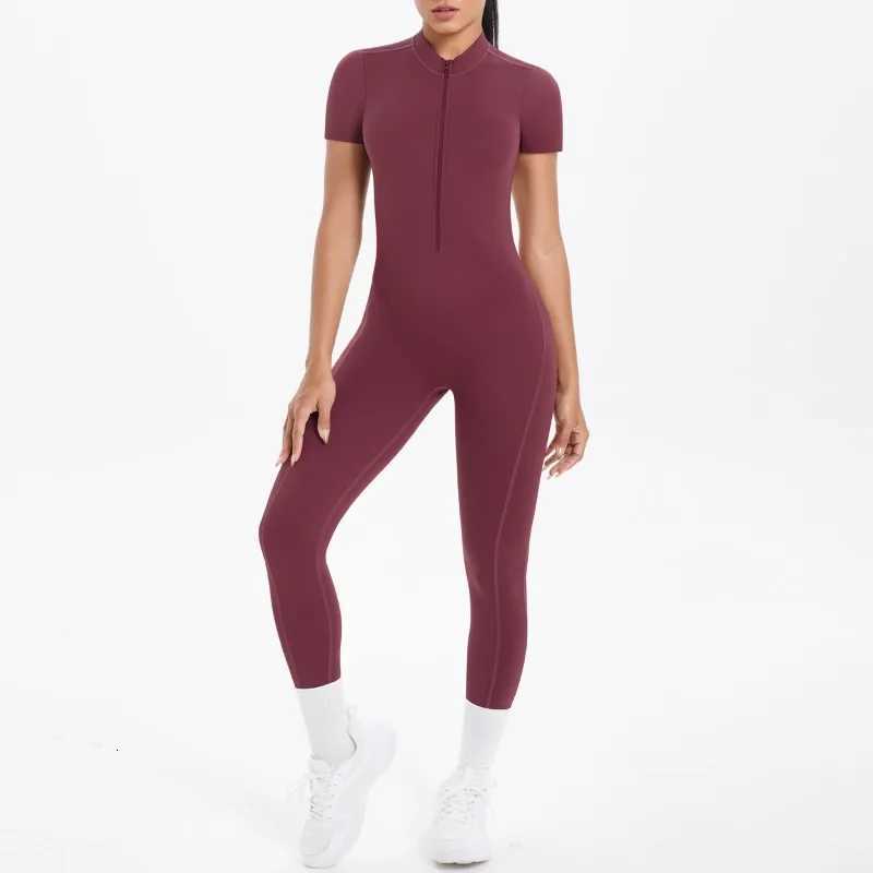 New Womens Yoga Jumpsuit Front Zipper Tight Back Hollow Out Short Sleeve-pants Fitness Running Gym Workout SuitT251211