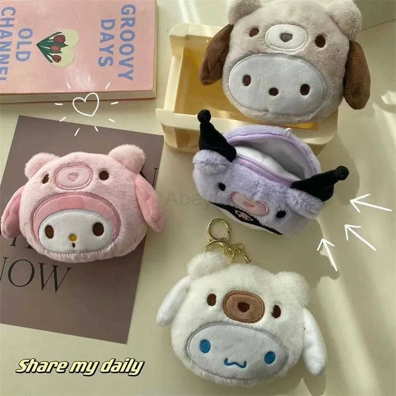 Sanrio Kuromi Plush Keychain Wallet Melody Cinnamoroll Plushies Coin Purse Earphone Organizer Bag Pendant Key Ring Girls Gifts H251211