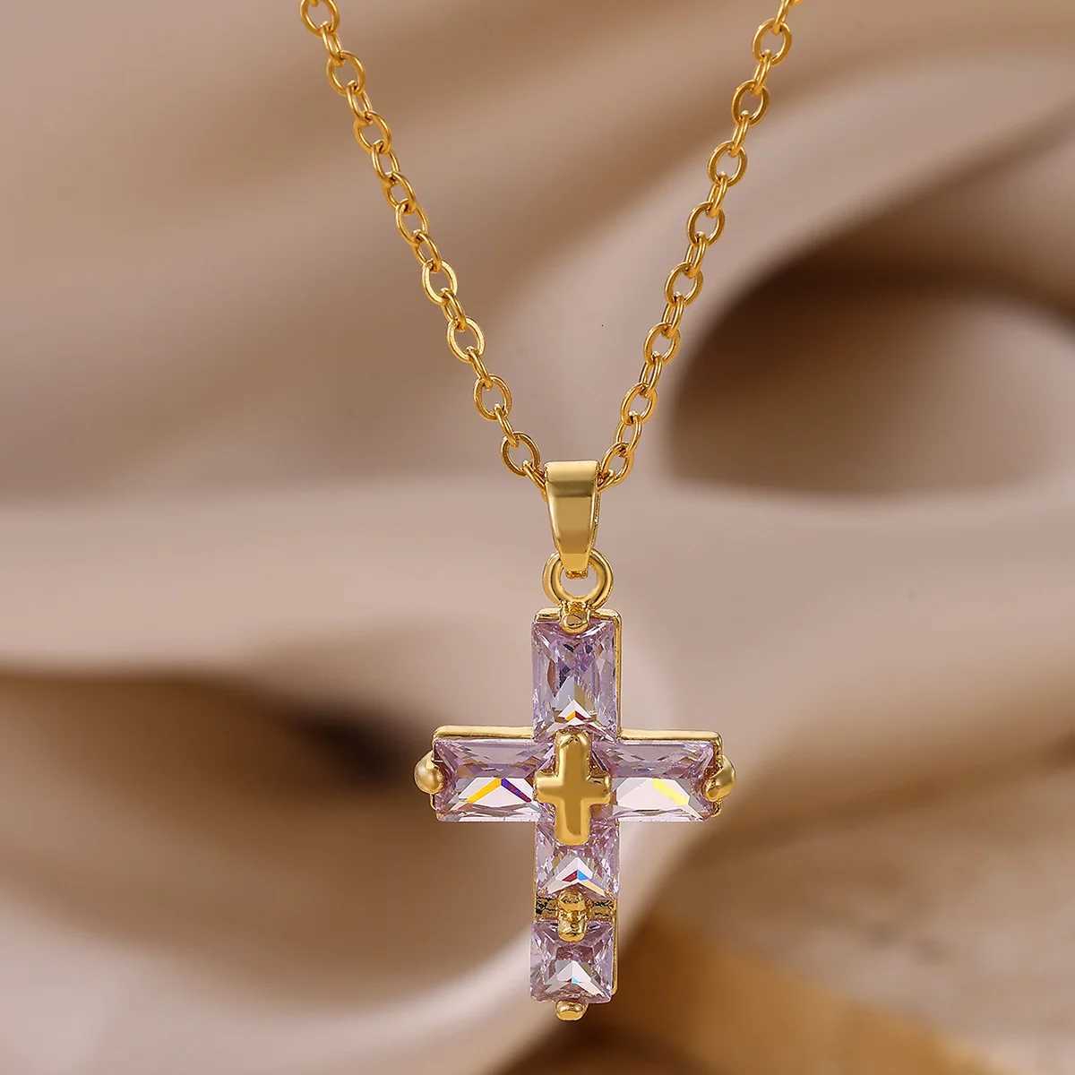 Lucky Cross CZ Cubic Zircon Necklace For Women Gold Color Stainless Steel Waterproof And Tarnish Resistant Jewelry Ramadan Gift M251211
