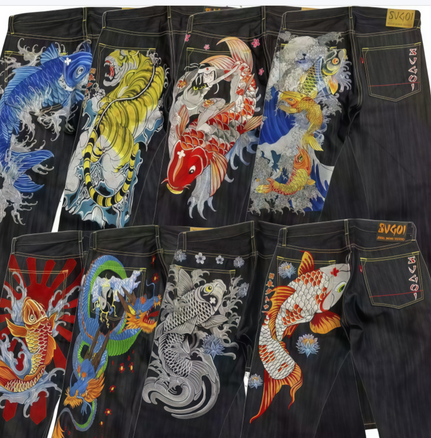 Men's Jeans Karakuri Printed Ukiyo-e Carp and Cherry Blossom Classic Fashion Trousers Men Women Casual Denim Pants Sakura Straight-leg pants