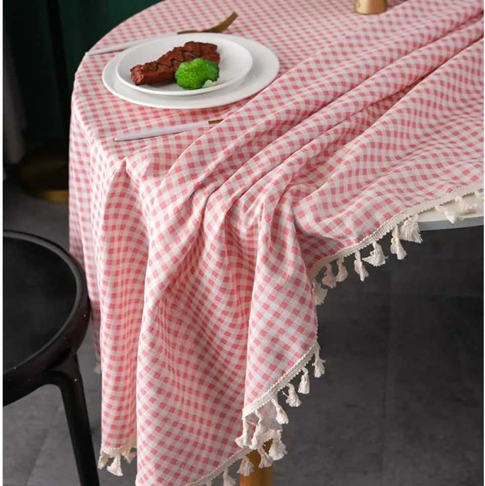 Gingham Red Tablecloth Rectangle Cotton Checkered Gift Table Cloth with Tassel Washable Wrinkle Free Plaid Table Cov H251211