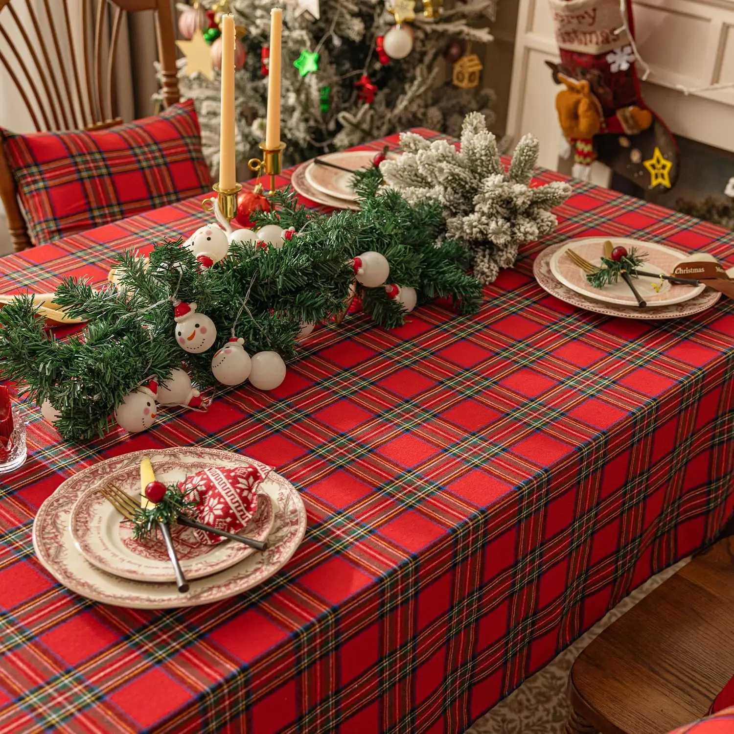 Christmas Checkered Tablecloth Rectangular - Red Plaid Linen Cotton Xmas Farmhouse Decor H251211