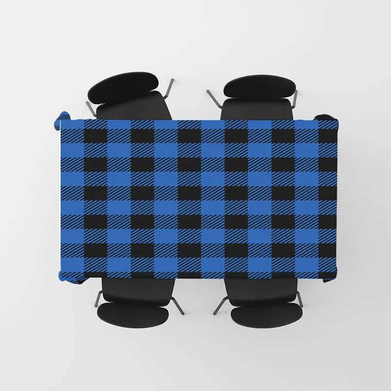 Modern Blue Black Plaid Tablecloth with Striped Design for Dining Room or Kitchen Decoration - Premium Quty Polyester Fabric H251211
