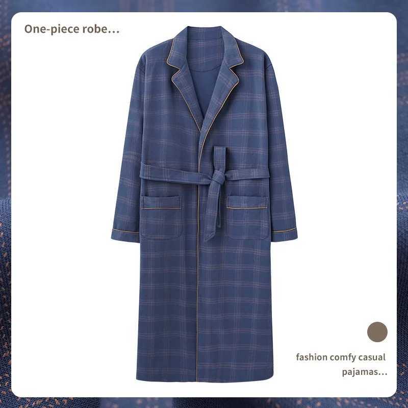 Spring Autumn Plaid Bathrobe Men Sleep Top Kimono Robes for Male Full Pure Cotton Long Bath Robe Bride Robe Dressing Gown M-4Xl L251211