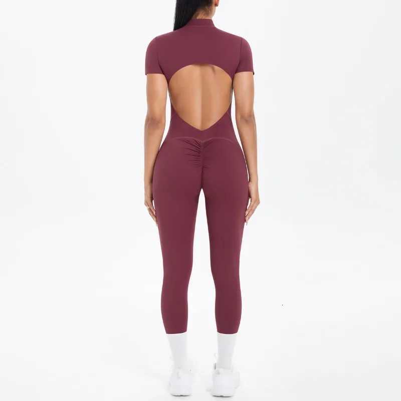 New Womens Yoga Jumpsuit Front Zipper Tight Back Hollow Out Short Sleeve-pants Fitness Running Gym Workout SuitT251211