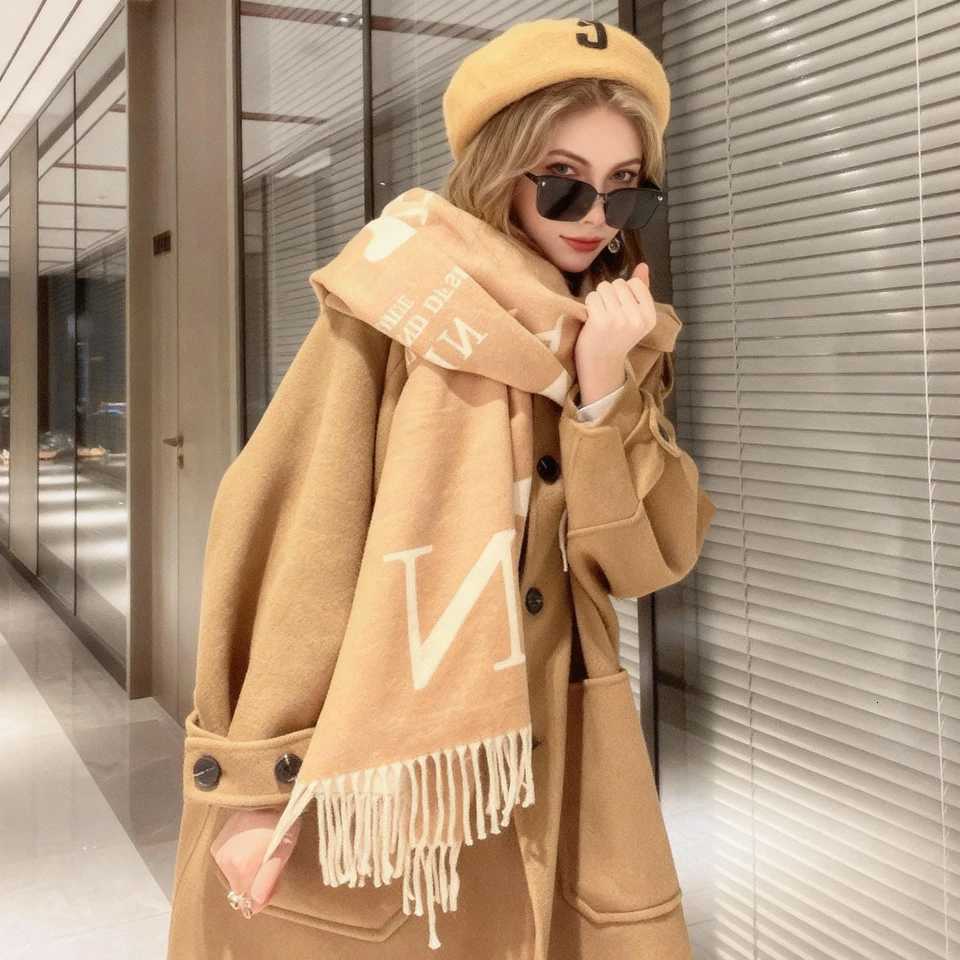 Winter Cashmere Scarf for Women Letter Print Warm Shawl Khaki Windproof Cape Pashmina Handerchief Windproof Design Female Scarf Y251211