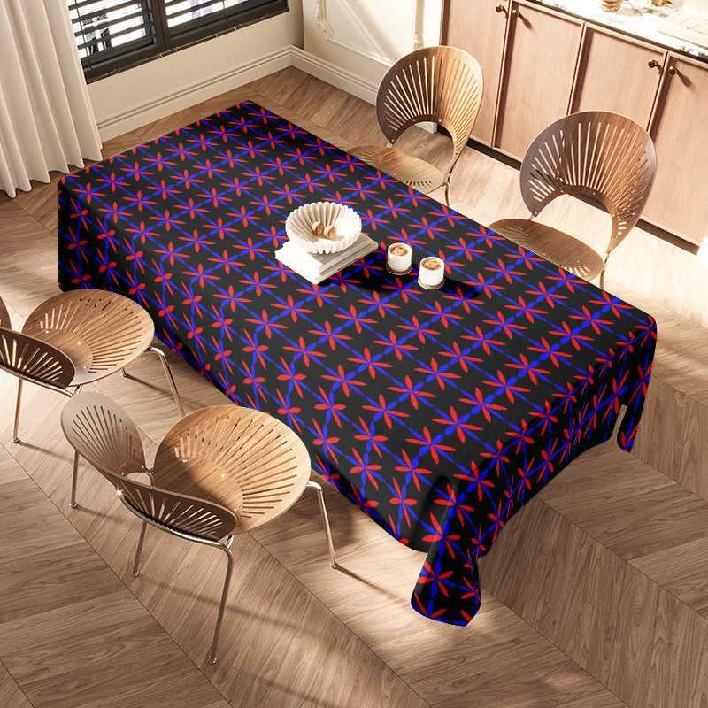 Decorative Tablecloth Modern Geometric Design for Dining Room or Kitchen Use Black Red Blue Floral Pattern Fabric Covering 120x1 H251211