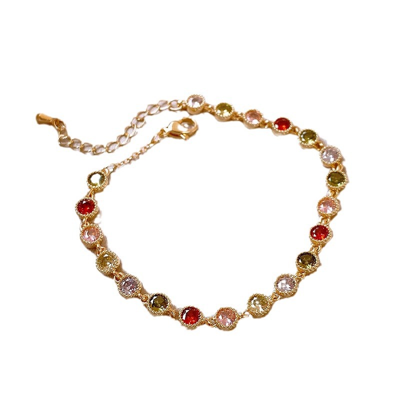 Real Plated Colorful Round Zircon Bracelet Princess Style Exquisite Sweet 14K Gold Bangle High-end Feel Jewelry for Women - view 6