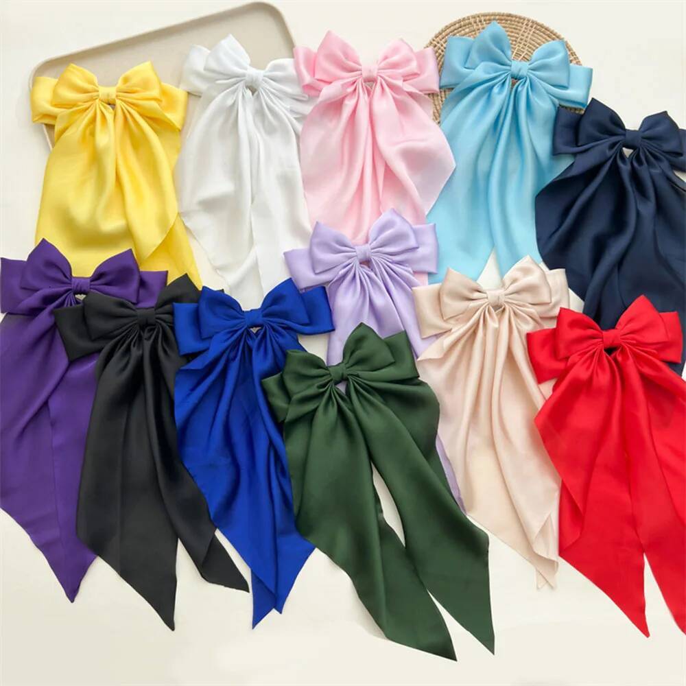 Ladies Satin Large White pink Red Blue Black Ribbon Oversized bow Long tail hair spring clip ponytail Hair accessorie ddmythur