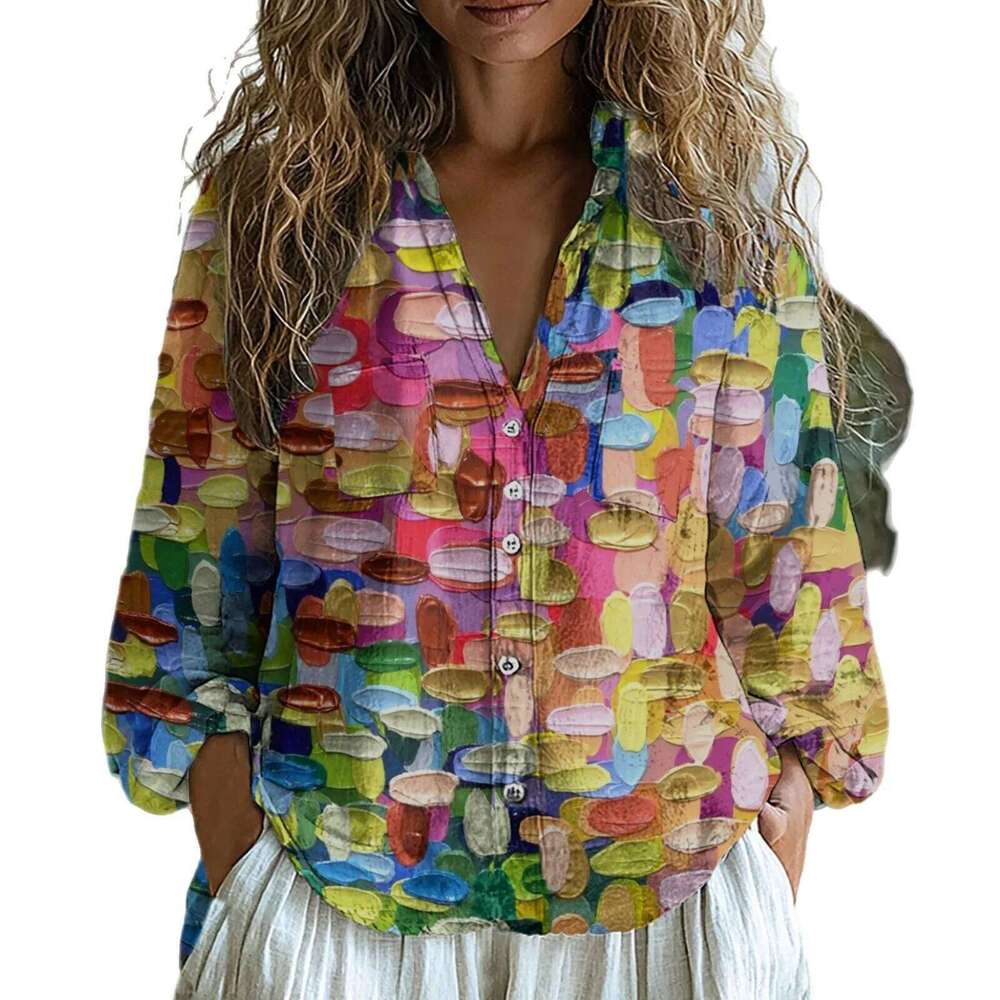 Women's Shirt V-Neck Printed Slimming Linen Fabric D-Shape Long Sleeve Casual Style Spring Comfortable Top Shirt