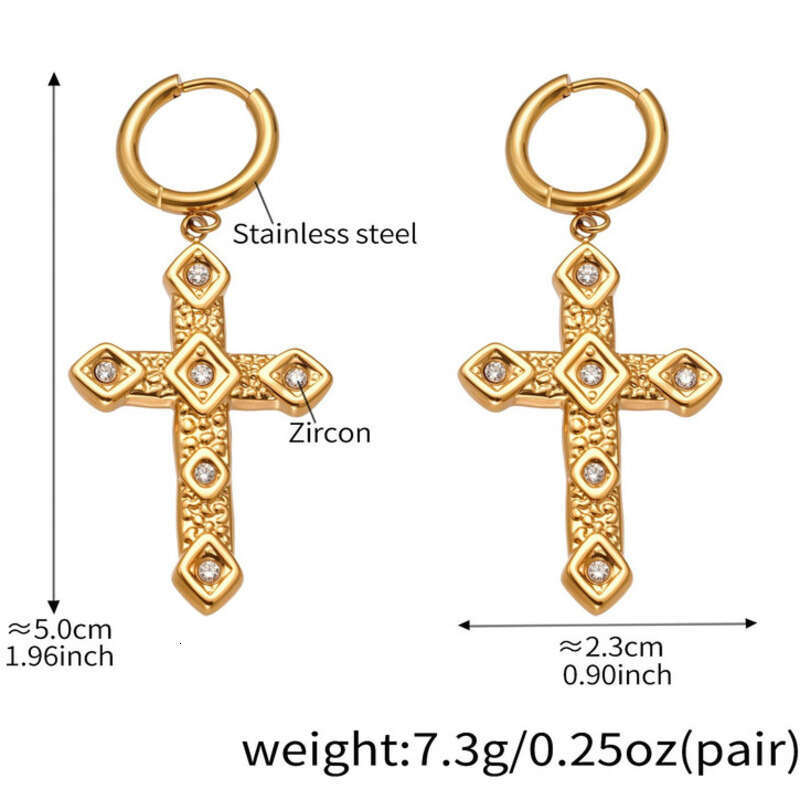 High-Quality 18K Gold Plated Stainless Steel Cross Dangle Earrings with Cubic Zirconia: Classic Style, Affordable Women's Daily Wear, Ideal Chris