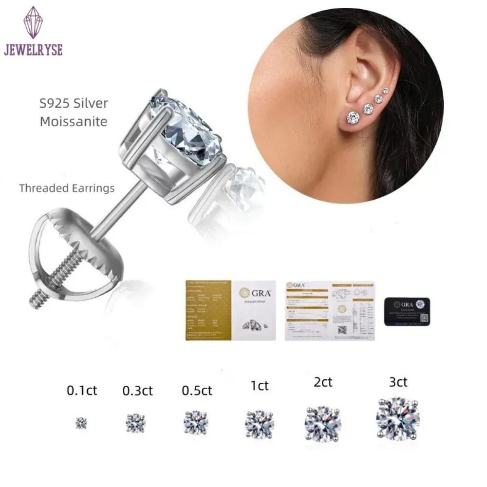 Pass Diamond Tester Vvs1 D Color Moissanite Earrings Designer For Women Solid 925 Sterling Silver 4 Prong Stud Earrings Gold Plated Screw Back Mens Je