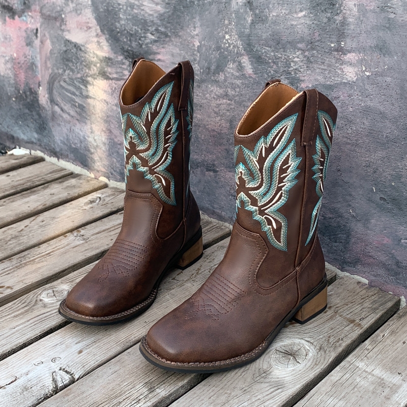 Designer boots free shipping genuine leather western cowboy boots women's new embroidered long leg knight boots square toe thick heel boots