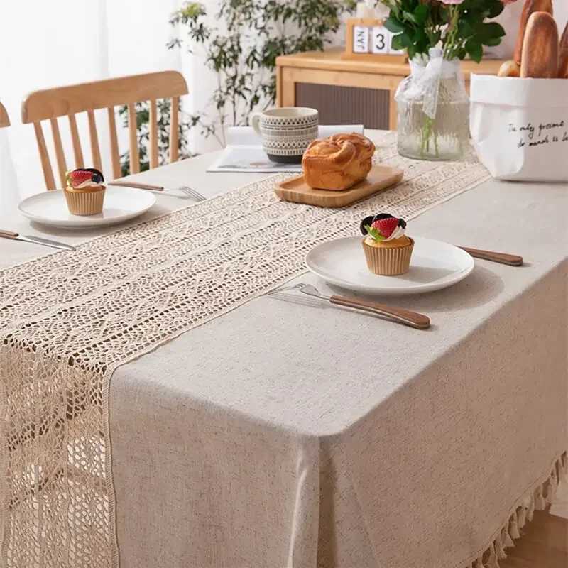 Rustic Table Cloth Rectangle Hollow Splicing Farmhouse Style Washable Tassel Tablecloth Kitchen Dining Room Christmas Decoration H251211