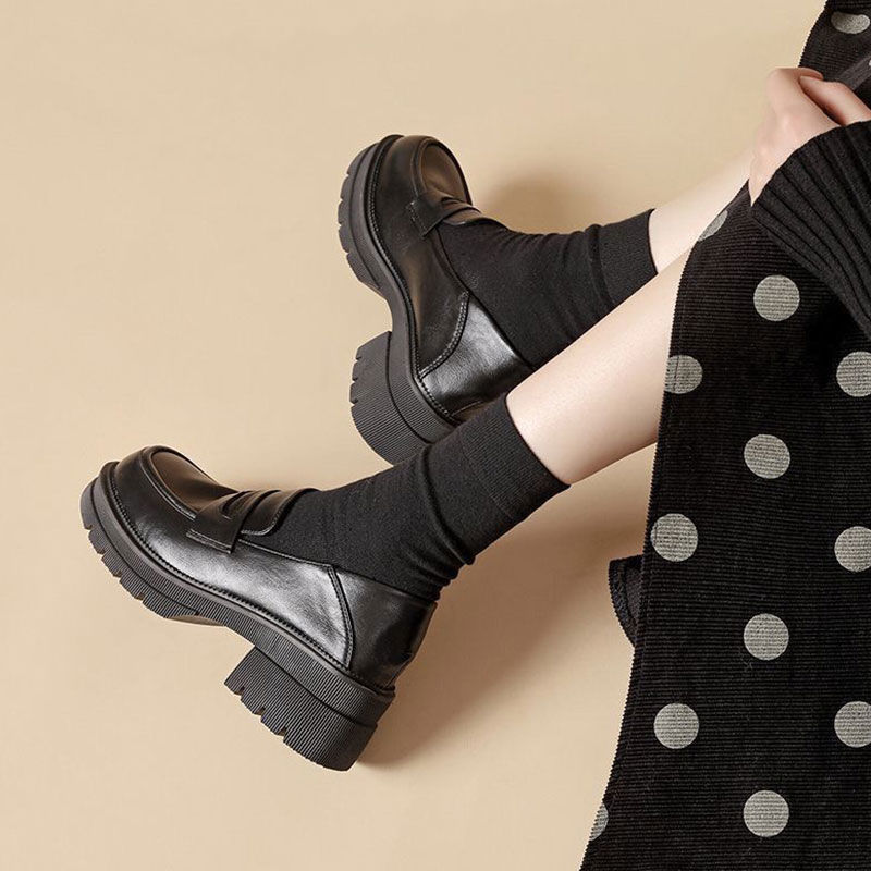 Spring/Autumn Women Shoes Split Leather Round Toe Chunky Heel Shoes Casual Slip-on Platform Shoes Women Loafers Black Pumps free shipping