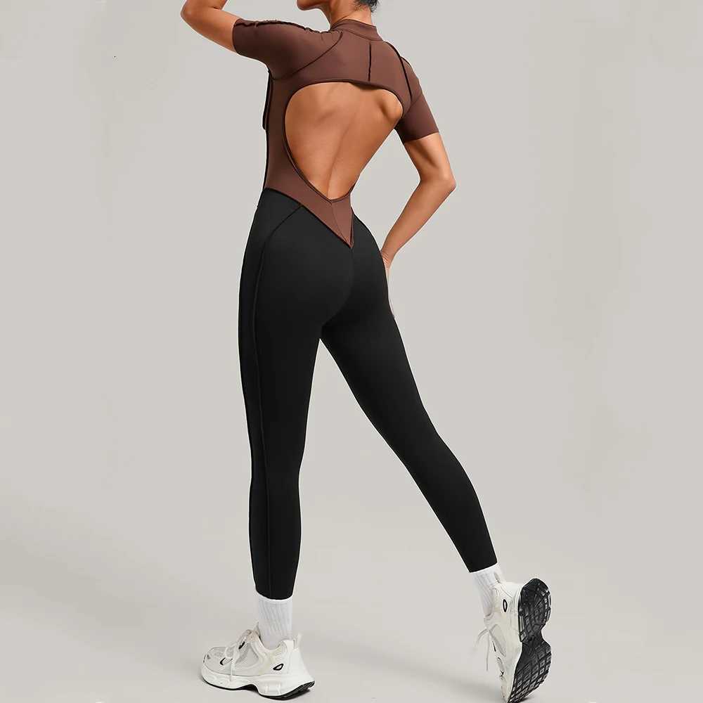 Womens Jumpsuits One-Piece Suit Long Sleeved Yoga Set Gym Workout Clothes Color Blocked Fitness Bodysuit Sportswear TracksuitT251211