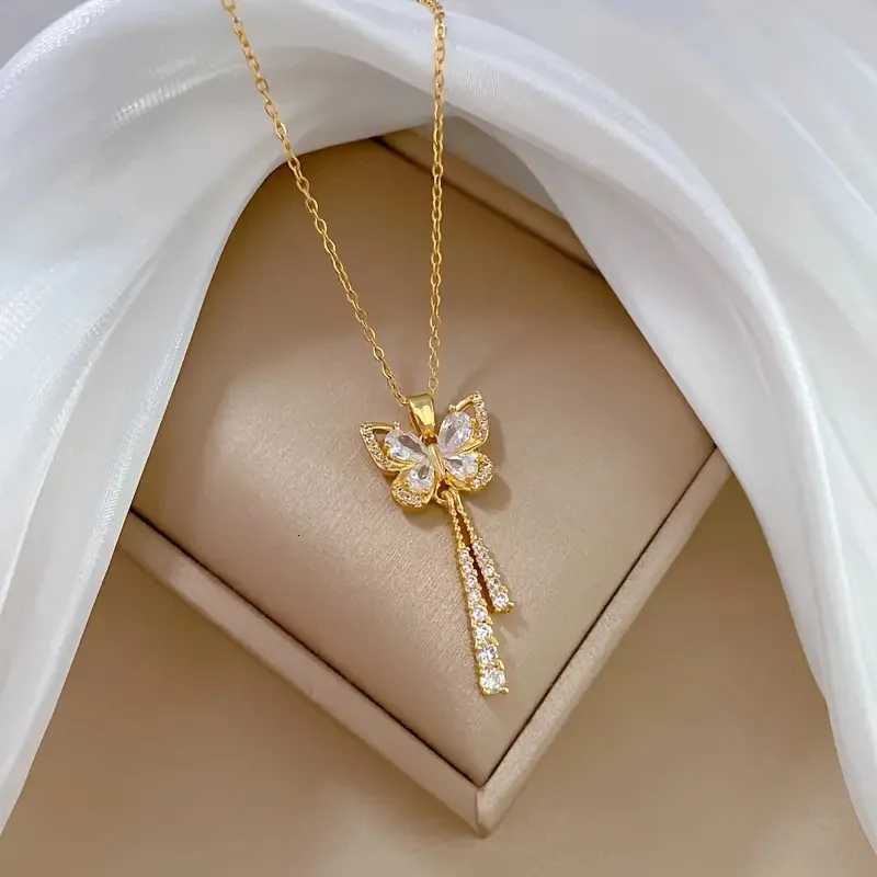 Exquisite Micro Inlaid Zircon Butterfly Tassel Necklace with Titanium Steel Perfect Gift for Fashion-forward Women M251211