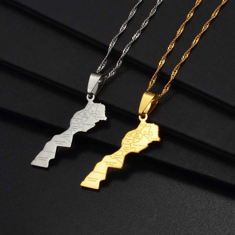 Anniyo Maroc Map Cities Name Pendant Necklace Gold Color Jewelry for Women Men Morocco Map 236721 M251211
