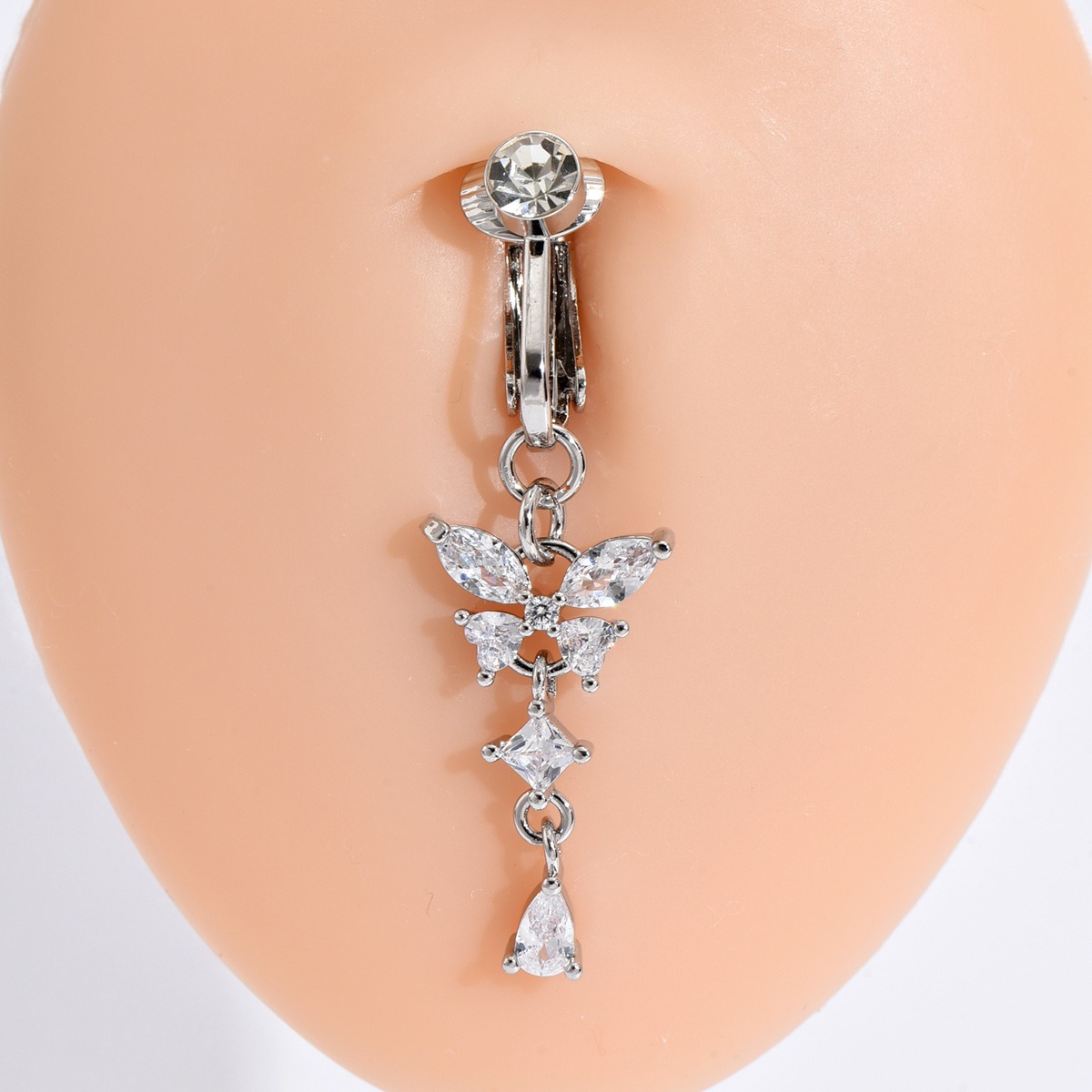 Heart-Shaped Butterfly Belly Button Ring - Sparkling Rhinestone Faux Piercing Jewelry