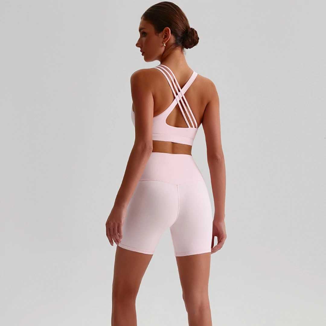 Solid Color High Waist Gym Yoga Short Legging Set Tight Women Cross Back High Impact Shoulder Strap Fitness Bra Top SportwearT251211