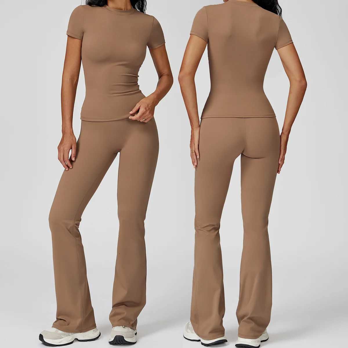 New Yoga Set Two Piece Women Short Sleeve Top with High Waist Leggings Seamless Workout Clothes Patchwork Sport Fitness Gym SetsT251211