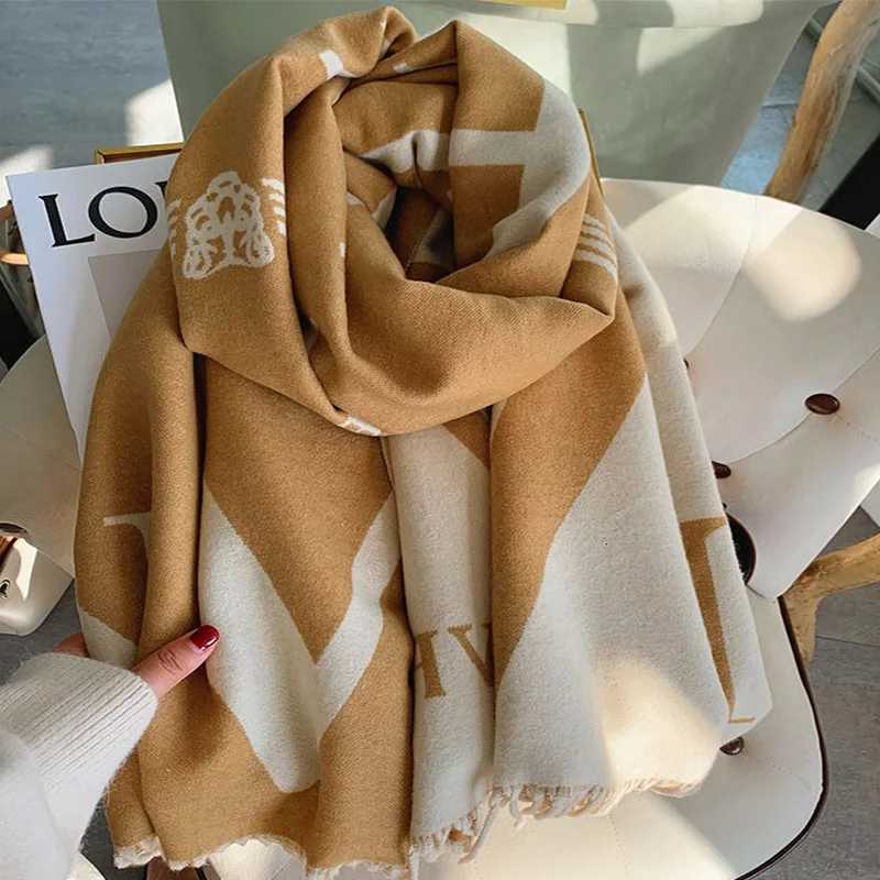 Winter Cashmere Scarf for Women Letter Print Warm Shawl Khaki Windproof Cape Pashmina Handerchief Windproof Design Female Scarf Y251211