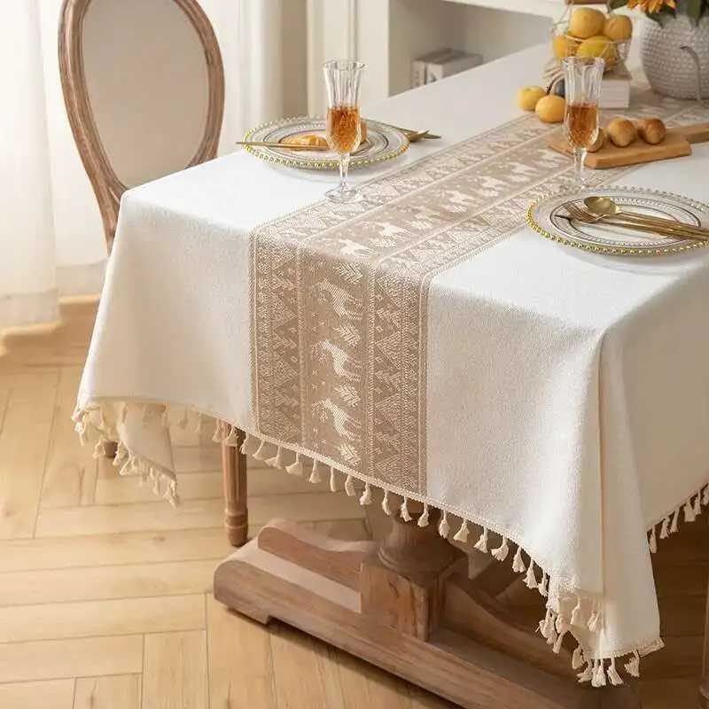 Christmas Deer Tablecloth Cotton Linen Fabric Dining Table Cloth Light Luxury High-end Rectangular Tablecloth Tassel Cover Cloth H251211