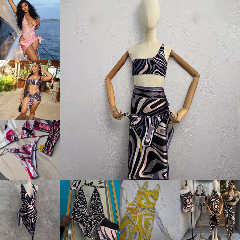 Sexy Single Shoulder Tankinis Sarong Swimwear For Women Designer Mixed Prints Back Open Halter Dress Summer Vacation Sun Bathing Pool Party Beach Resort Outfits