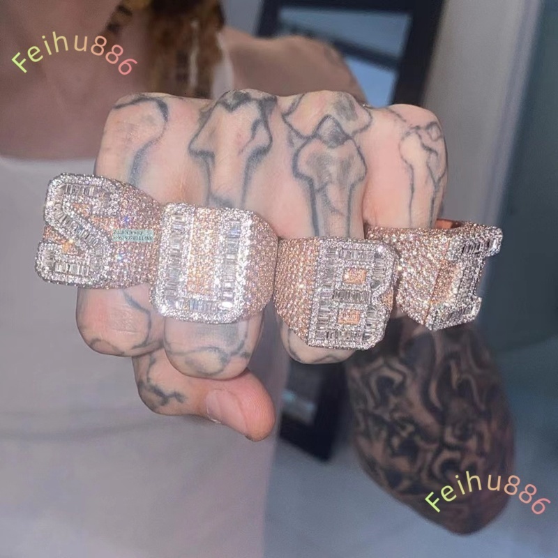 Custom Made 925 Sterling Silver Iced Out A-Z Initial VVS1 Baguette Moissanite Diamond Pinky Rings for Man