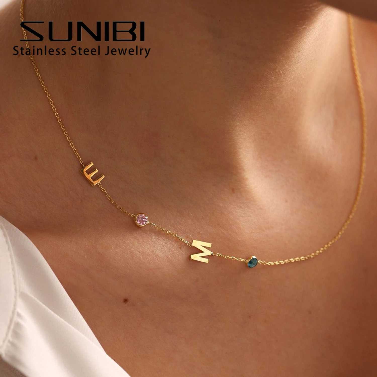 SUNIBI DIY Birthstone Customized Necklace 26 Letter Side Pendant Necklace Gifts Dropshipping Wholesale M251211