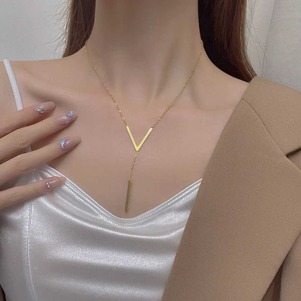 Fashion V-shaped Long Sexy Clavicle Necklace for Women Stainless Steel Gold Colour Chain Necklace Party Jewelry Collar De Mujer M251211