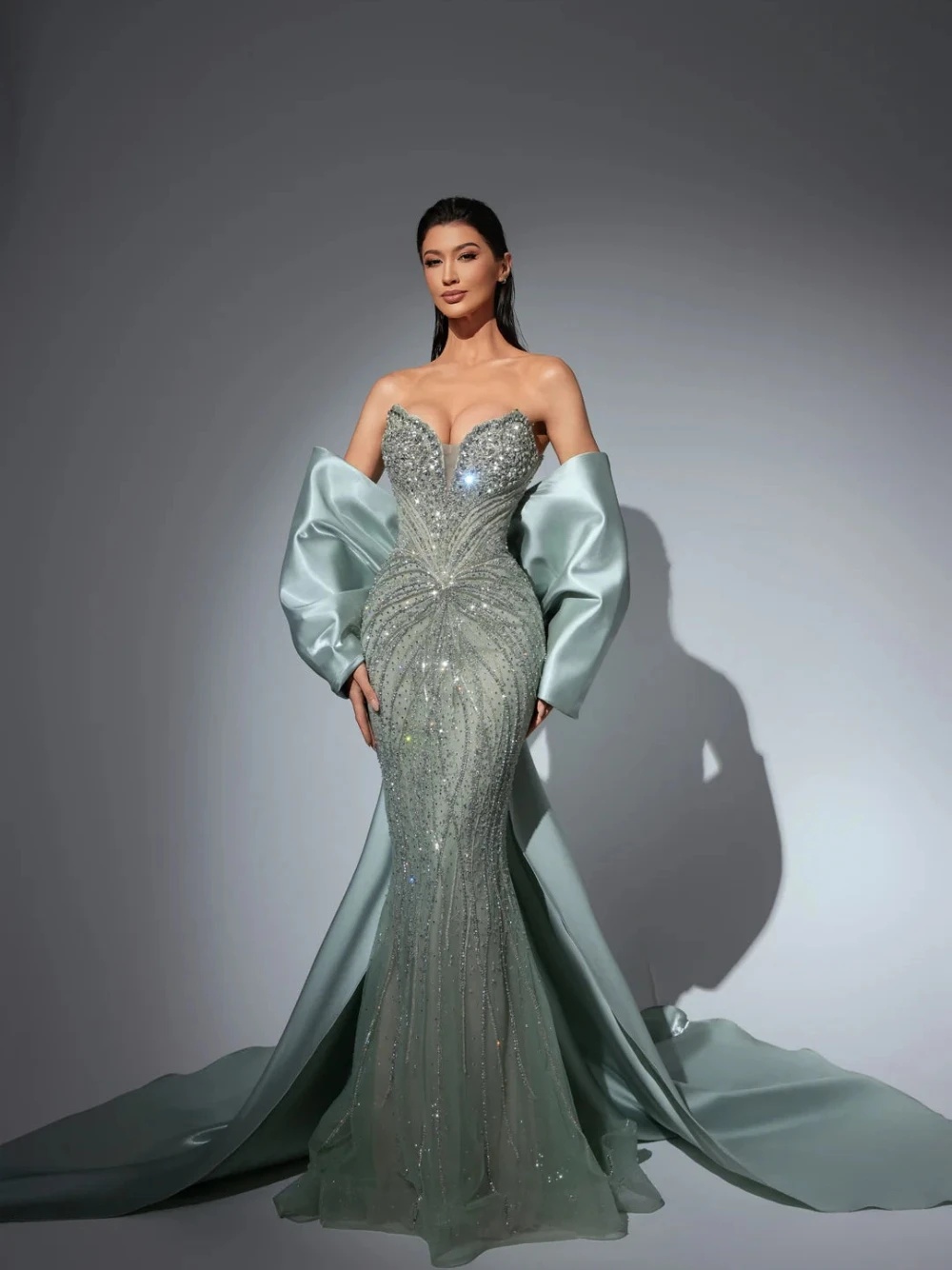 Gorgeous Sequin Beading Evening Dresses Strapless Prom Gown Detachable Train Mermaid Backless Princess Customized Vestidos De Noche Plus Size