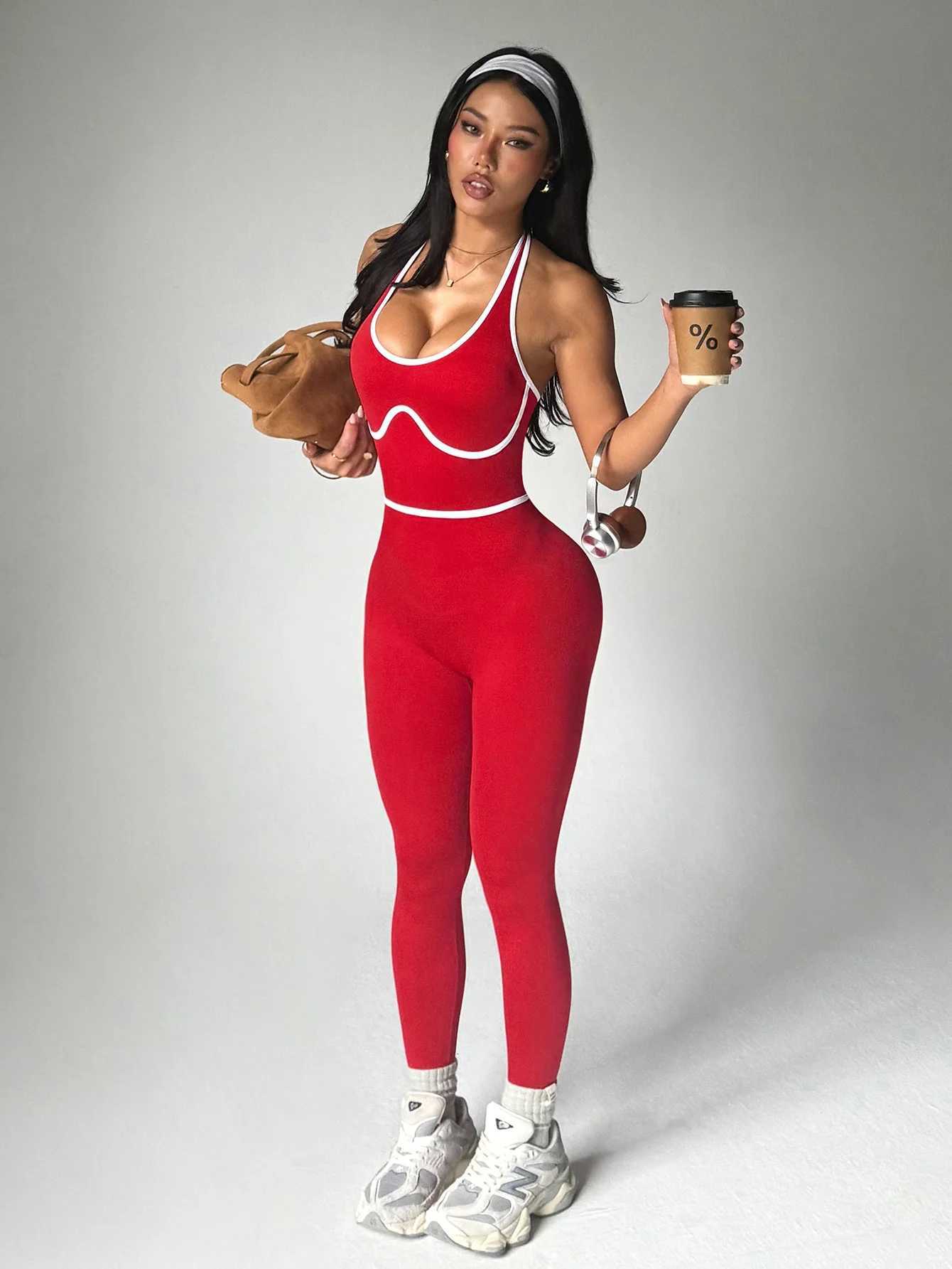 Sports yoga wear sleeveless one-piece suit womens color-blocking one-piece yoga long pants set fitness wearT251211