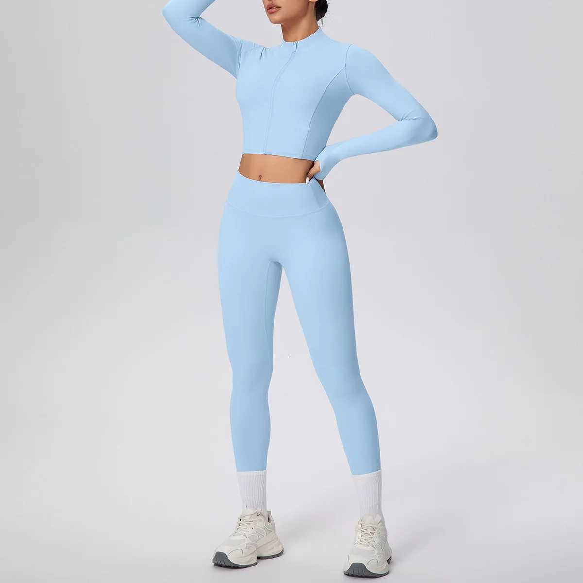 2PCS Woman Quick Drying Solid Color Zipper Long Sleeves Yoga Fitness Pants Set Gym Push Up Running Cycling Sports Yoga SetT251211